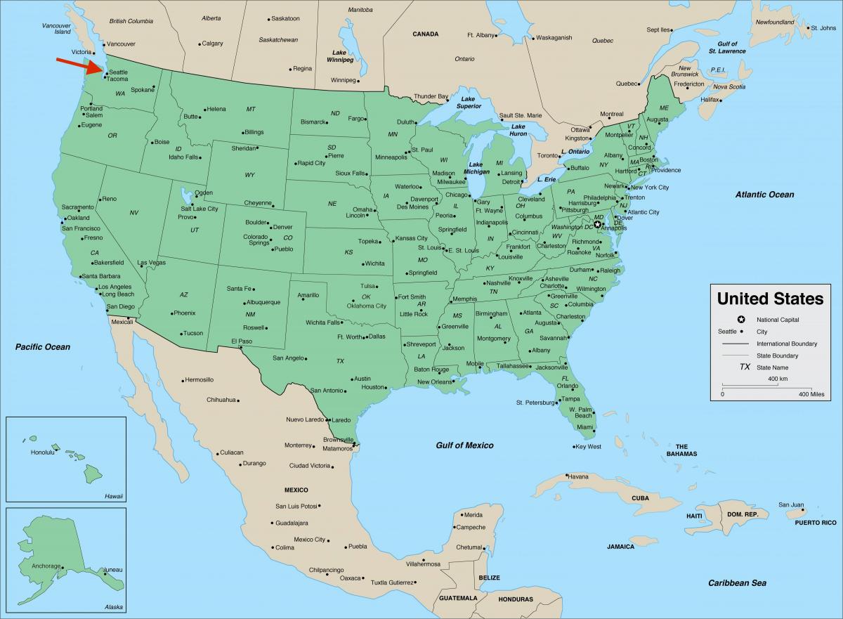سياتل على واشنطن - خريطة الولايات المتحدة الأمريكية